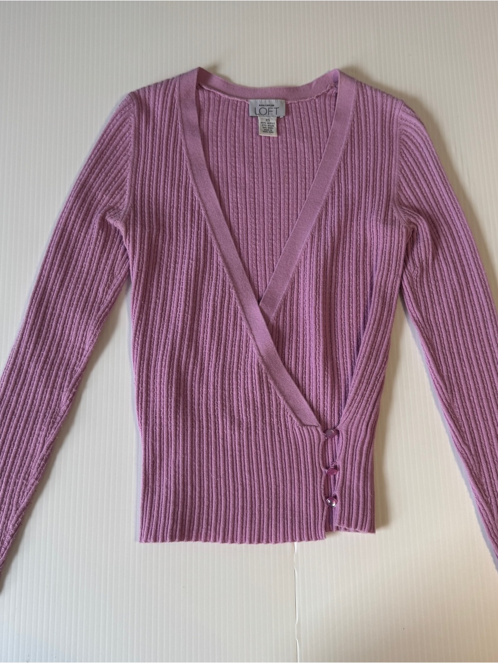 LOFT XS Pink Purple Ribbed Asymmetrical Cardigan Y2K Coquette Balletcore Preppy
